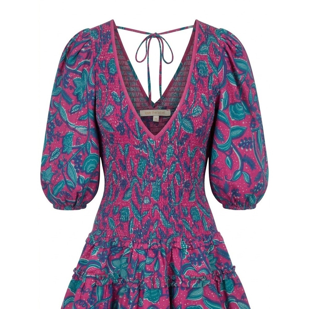 Love the Label Pink Audrey Teal Floral Smocked Puff Sleeve Mini Dress XS